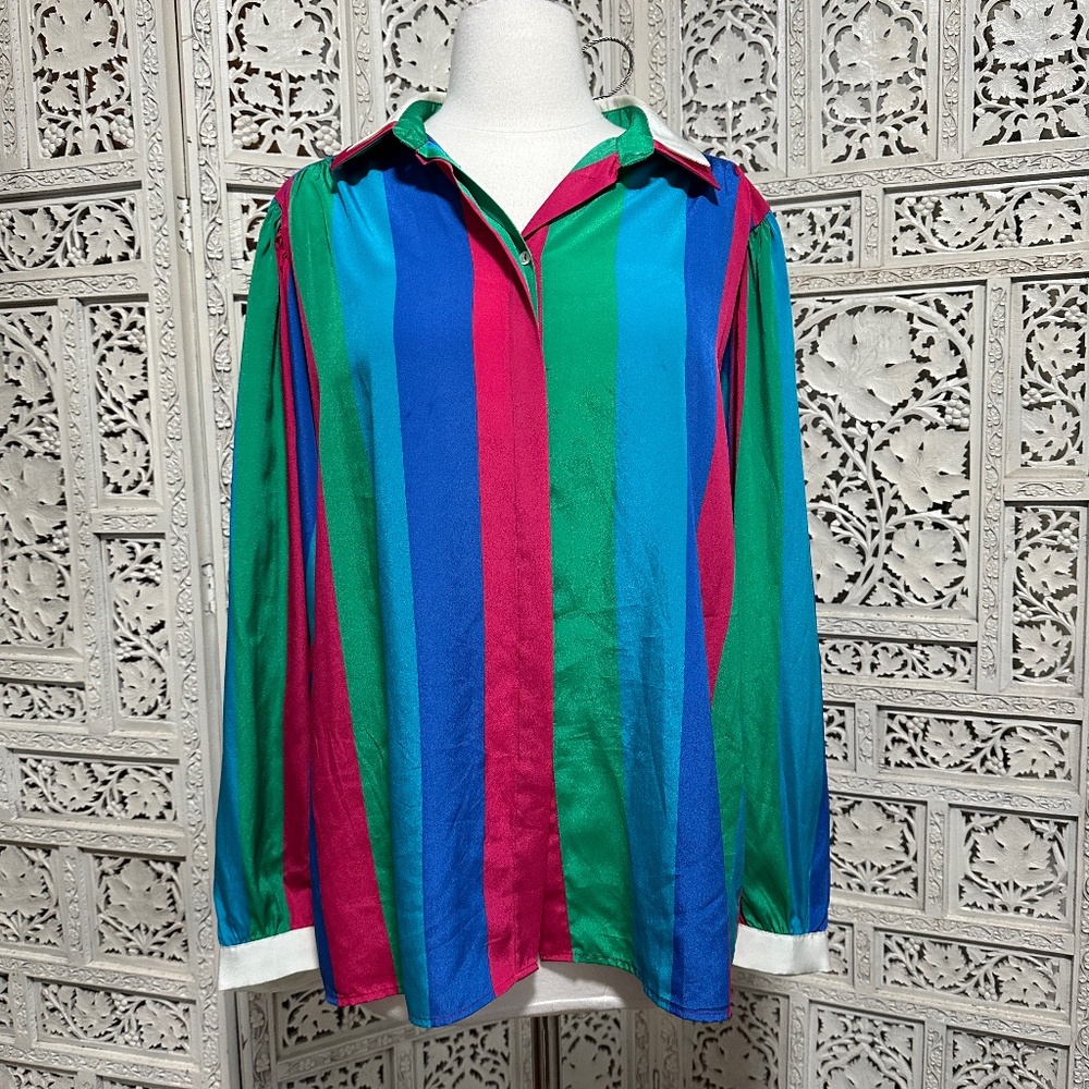 Vintage funky retro striped button up blouse size large
